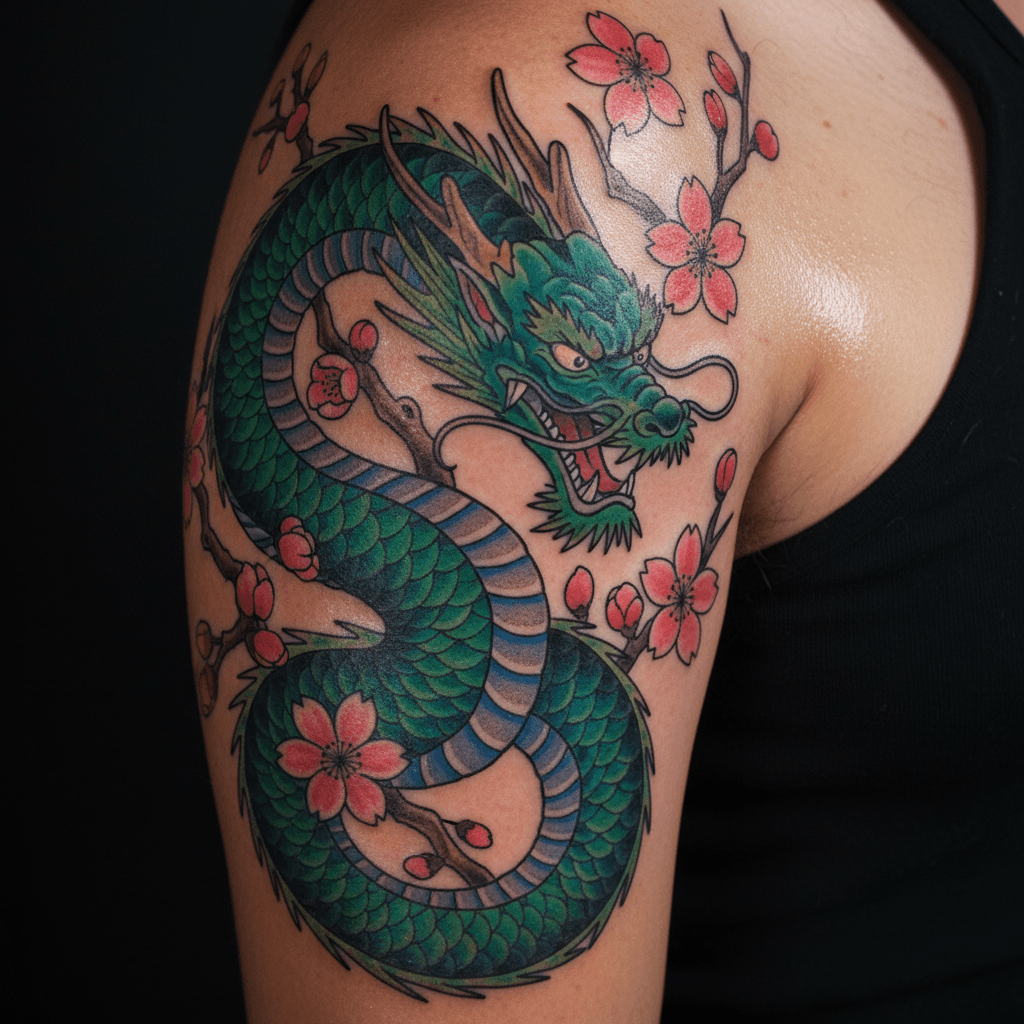 Traditional style tattoo with bright colors and strong lines